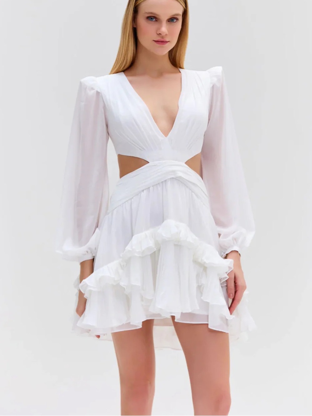 PatBO White Pleated V-Neck Long Sleeve Dress